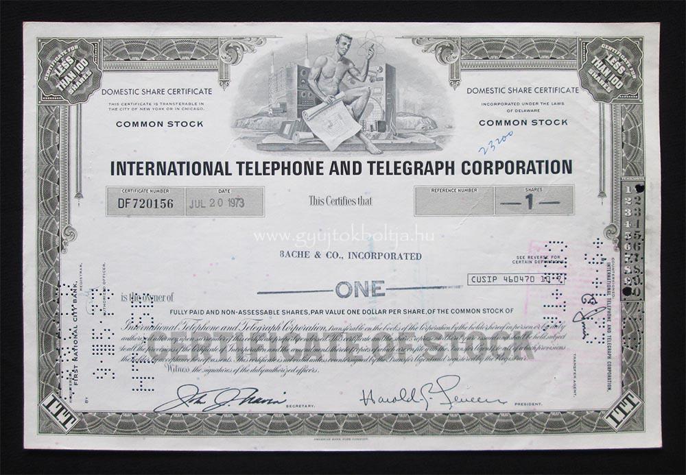 International Telephone and Telegraph (ITT) 1 részvény 1973